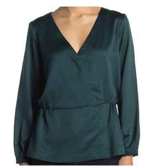 J CREW Woman's Green Satin Surplice‎ Long Sleeve Top Peplum Blouse SZ XXS - Picture 1 of 9